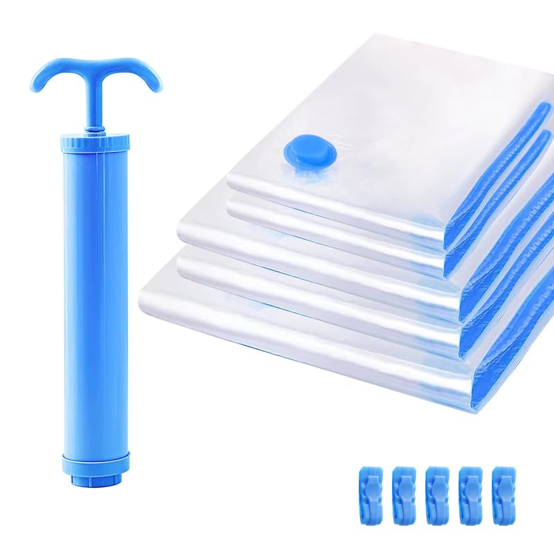 PRIME PICK Vacuum Storage Bags Hand Pump Compression Organizer Space Saving Multi Purpose Use Durable Plastic Clothes Bedding Travel Blue Pack Of 5 Assorted Sizes Small Medium Large - Image 3