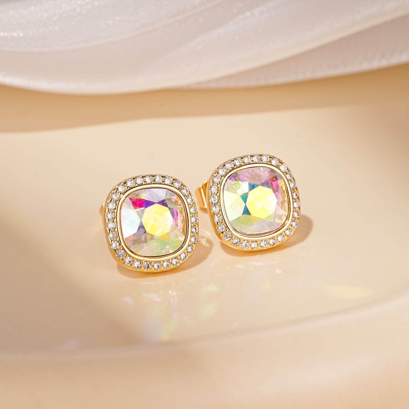 EVEVIC Austrian Crystal Halo Square Stud Earrings for Women 14K Gold Plated Birthstone Earring Hypoallergenic Jewelry Gifts (Aurora Borealis) - Image 3
