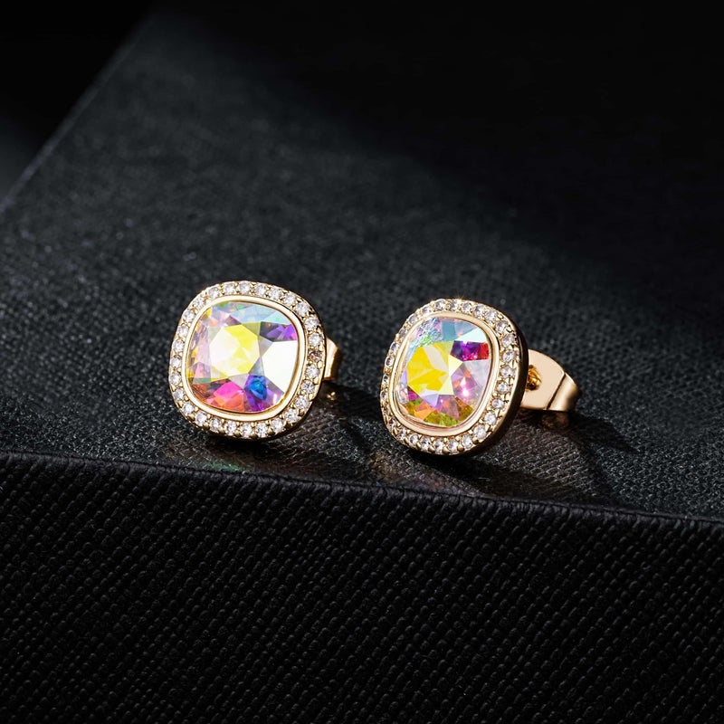 EVEVIC Austrian Crystal Halo Square Stud Earrings for Women 14K Gold Plated Birthstone Earring Hypoallergenic Jewelry Gifts (Aurora Borealis) - Image 5