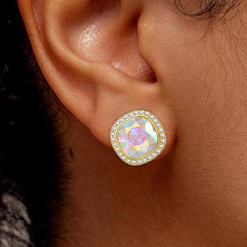 EVEVIC Austrian Crystal Halo Square Stud Earrings for Women 14K Gold Plated Birthstone Earring Hypoallergenic Jewelry Gifts (Aurora Borealis) - Image 2