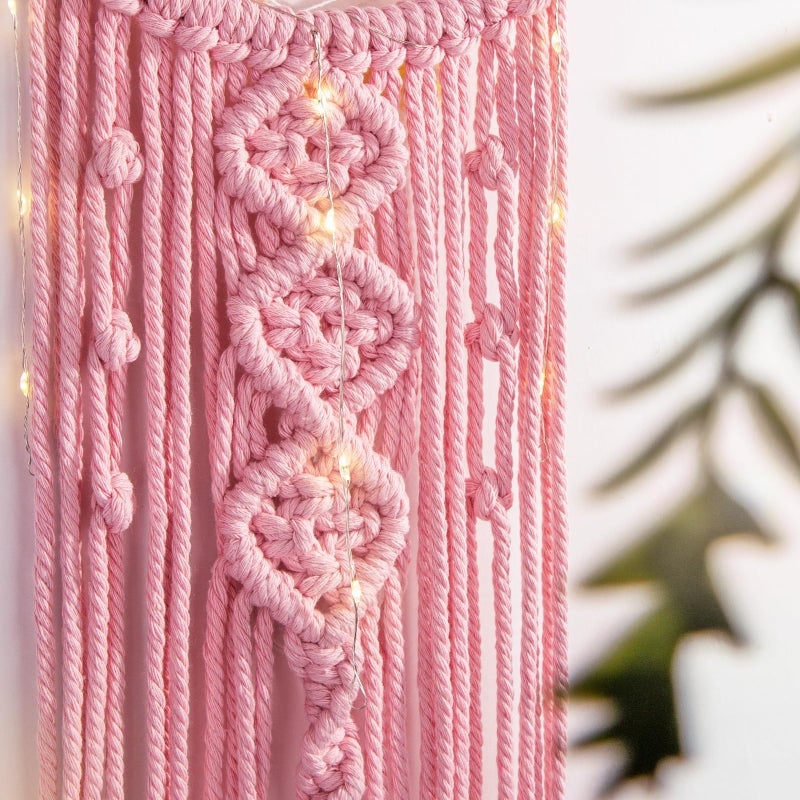 ANROYE ANORYE Boho Macrame Woven Wall Hanging for Girl, Crochet Crescent Moon Star Dream Catcher with Light, Pink Cotton Handmade Bohemian Home Decor Decoration for Kids Nursery Bedroom Dorm Room - Image 3