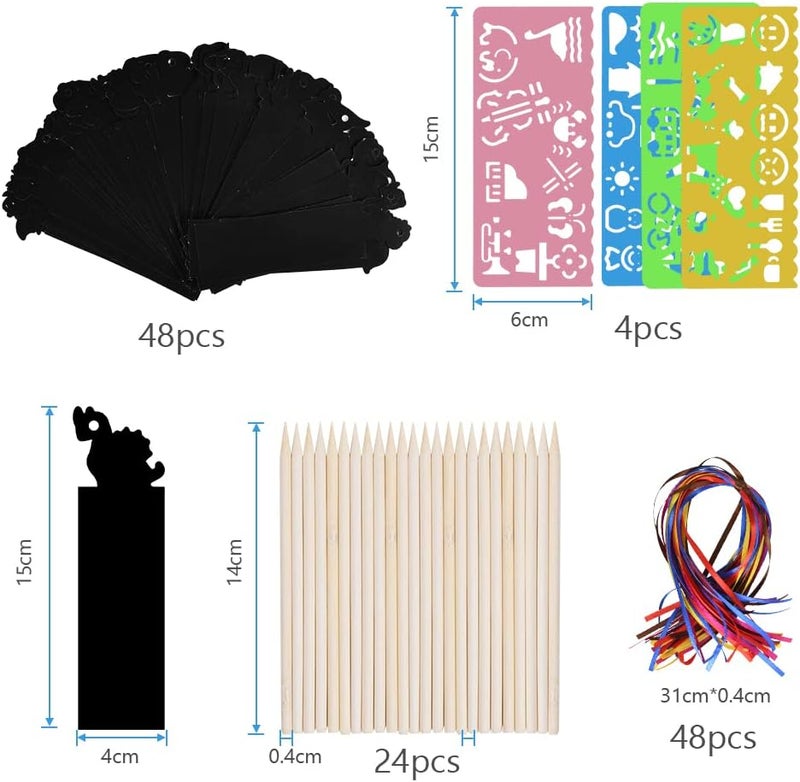 Vicloon Scratch Bookmarks, 48 x Scratch Off Cards, Scratch Paper Bookmarks with Wooden Pencils and Ribbons for Birthday DIY Children's Games - Image 2