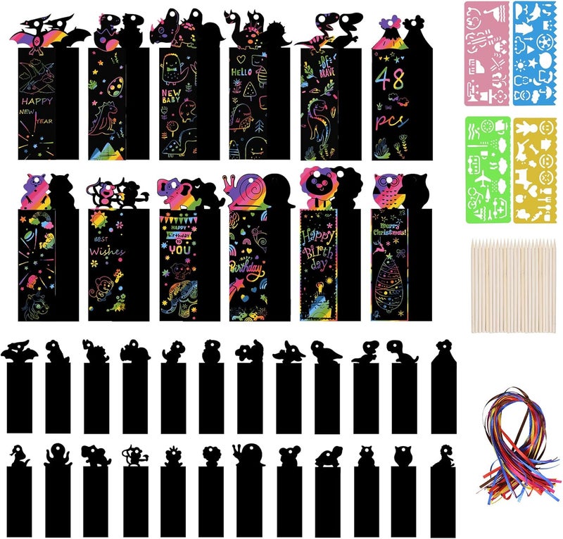 Vicloon Scratch Bookmarks, 48 x Scratch Off Cards, Scratch Paper Bookmarks with Wooden Pencils and Ribbons for Birthday DIY Children's Games - Image 1