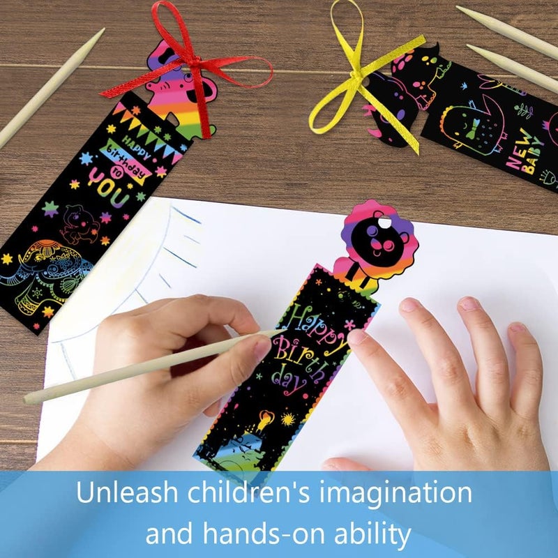 Vicloon Scratch Bookmarks, 48 x Scratch Off Cards, Scratch Paper Bookmarks with Wooden Pencils and Ribbons for Birthday DIY Children's Games - Image 3
