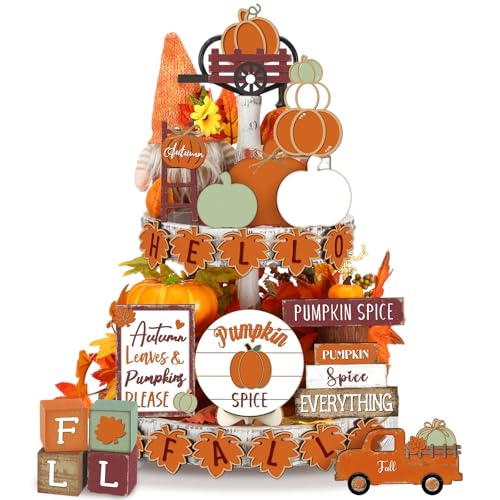 Maitys 21 Pcs Thanksgiving Tiered Tray Decor Set Fall Pumpkin Gnome Truck Scarecrow Wood Sign Rustic Farmhouse Decor Hello Fall Wood Bead Decorative Tabletop Sign for Autumn Thanksgiving DayRetro - Image 1