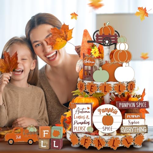 Maitys 21 Pcs Thanksgiving Tiered Tray Decor Set Fall Pumpkin Gnome Truck Scarecrow Wood Sign Rustic Farmhouse Decor Hello Fall Wood Bead Decorative Tabletop Sign for Autumn Thanksgiving DayRetro - Image 3