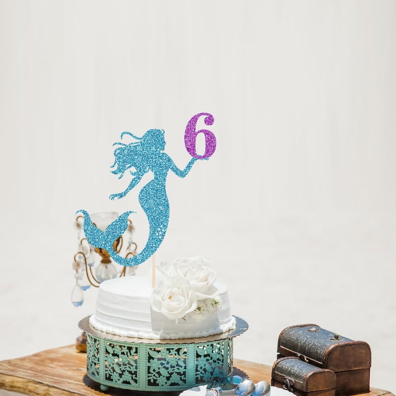 Yetxel Mermaid 6 Cake Topper  Happy 6th Birthday Cake Decor for Baby Girl  Little Mermaid Birthday Party Decoration  Under the Sea Themed Party Supplies  Happy Mermaid's 6th birthday cake top hat - Image 5