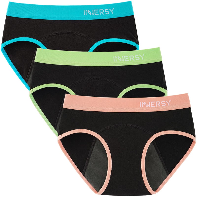 INNERSY Period Underwear for Teens Girls Cotton Leak-Proof Menstrual Panties 3-Pack(Colored Black,L(12-14 yrs)) - Image 1