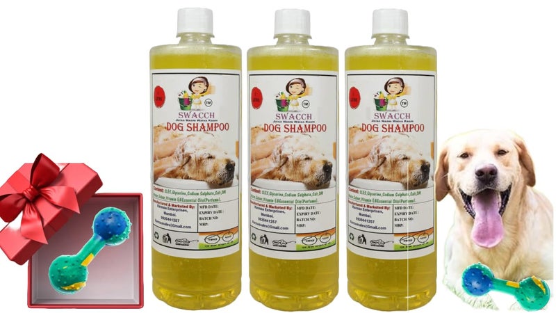 swacch Dog Shampoo + Dumbbell Toy I Durable Rubber Dog Toy for Chewing I Playing,Teeth Cleaning & Training Toy I Combo Pack I 1 Litre Pack of 3 Lemon - Image 1
