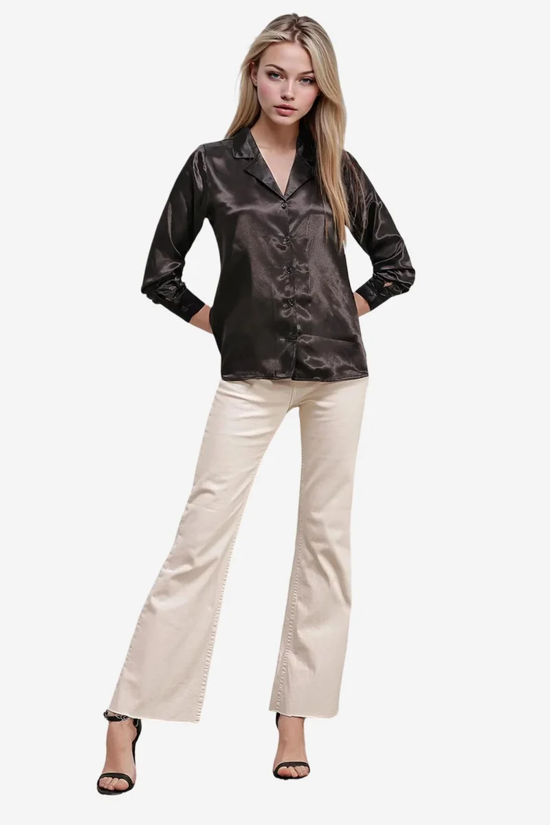 Big Dart Black BDART Satin Long Sleeve Shirt with Button Closure for Women | Best Price UAE