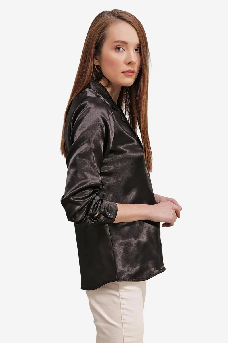 Big Dart Black BDART Satin Long Sleeve Shirt with Button Closure for Women | Best Price UAE