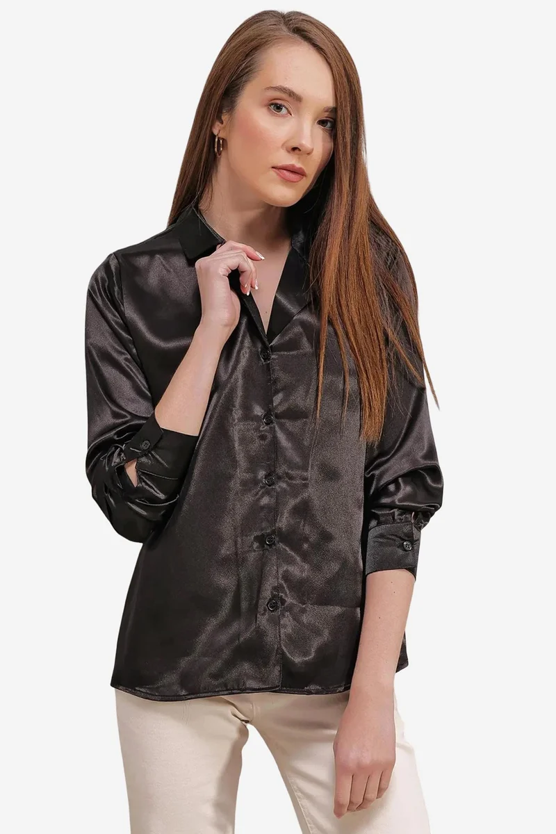 Big Dart Black BDART Satin Long Sleeve Shirt with Button Closure for Women | Best Price UAE