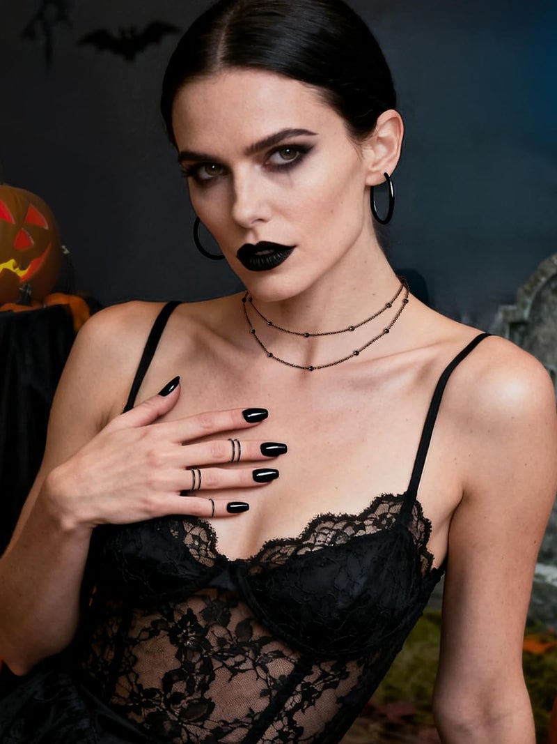 FOCALOOK Satellite Choker Necklace for Women Beaded Chain Double Layered Necklace Gothic Black Metal Boho Necklaces for Women - Image 2