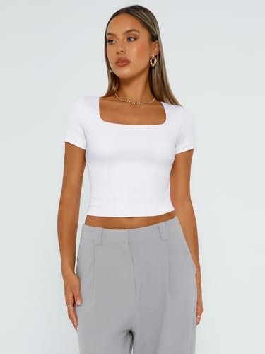 Trendy Queen Tshirts Shirts for Women Double Lined Going Out Crop Tops 2025 Spring Summer Workout Y2k Clothes Beach Fashion White L - Image 2
