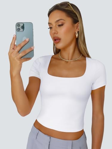 Trendy Queen Tshirts Shirts for Women Double Lined Going Out Crop Tops 2025 Spring Summer Workout Y2k Clothes Beach Fashion White L - Image 5