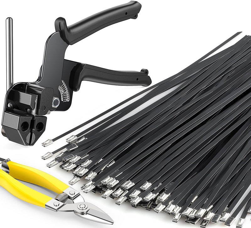 XUTTUM Metal Cable Ties Black 150 Pcs 11.8 Inch  With Special Fastening And Cutting Tools  Multi-Purpose Stainless Steel Cable Ties  Suitable For Vehicles  Farms  Fences  Pipe Bundling And Other Scenes - Image 1