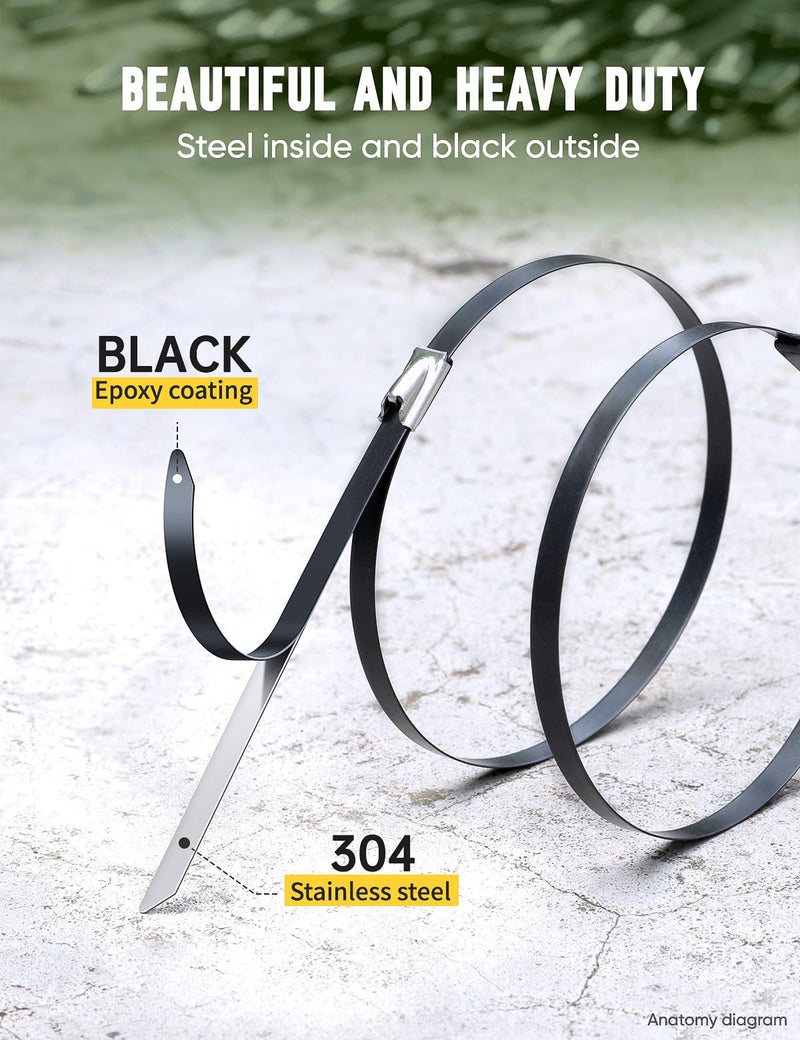 XUTTUM Metal Cable Ties Black 150 Pcs 11.8 Inch  With Special Fastening And Cutting Tools  Multi-Purpose Stainless Steel Cable Ties  Suitable For Vehicles  Farms  Fences  Pipe Bundling And Other Scenes - Image 5