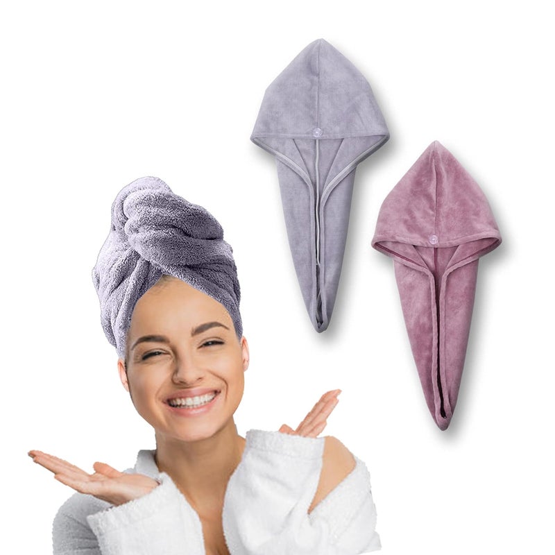 HOUSSE Microfibre Head Towels | 450 GSM High Absorbent Hair Wrap with Adjustable Buttons for Girls | Super Soft & Quick Dry Wrap Towel for Hairs | Set of 2 | 25x65 cm (Dapple Grey & Dusky Orchid) - Image 1