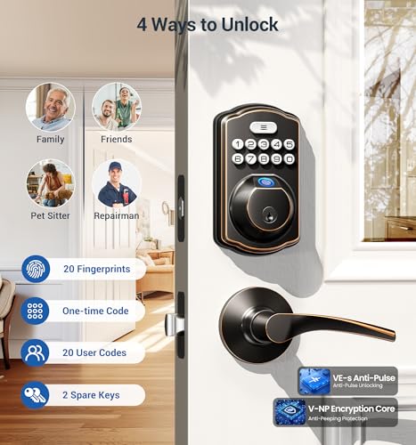 Veise Fingerprint Door Lock with 2 Lever Handles - Keyless Entry Door Lock, Electronic Keypad Deadbolt, Digital Smart Code & Front Handle Sets, Auto-Locking, Easy Installation, Oil Rubbed Bronze - Image 3