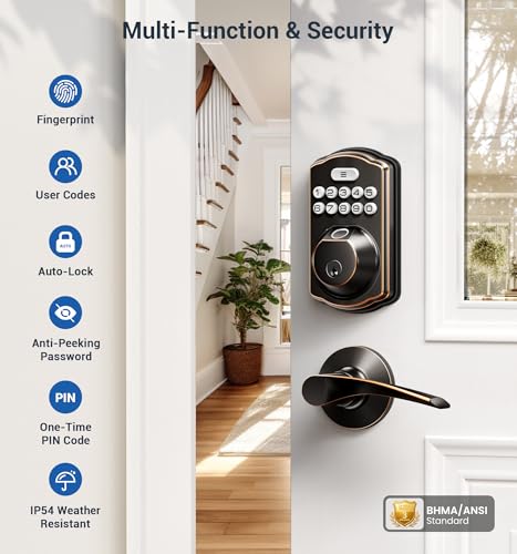 Veise Fingerprint Door Lock with 2 Lever Handles - Keyless Entry Door Lock, Electronic Keypad Deadbolt, Digital Smart Code & Front Handle Sets, Auto-Locking, Easy Installation, Oil Rubbed Bronze - Image 4