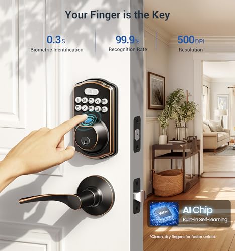 Veise Fingerprint Door Lock with 2 Lever Handles - Keyless Entry Door Lock, Electronic Keypad Deadbolt, Digital Smart Code & Front Handle Sets, Auto-Locking, Easy Installation, Oil Rubbed Bronze - Image 2