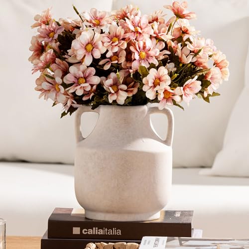Mitt&Ditt MittDitt Ceramic Flower Vase with Handles 8 inch Tall OffWhite Vase Decorative Terracotta Vases Farmhouse Rustic Pottery Vases for Home Decor Living Room Table - Image 1