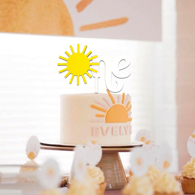 MUWEOL Sun One Cake Topper - Sun Themed First Birthday Party Wooden Cake Topper Sunshine Themed Party Decorations One Sun Birthday Party Supplies - Image 5