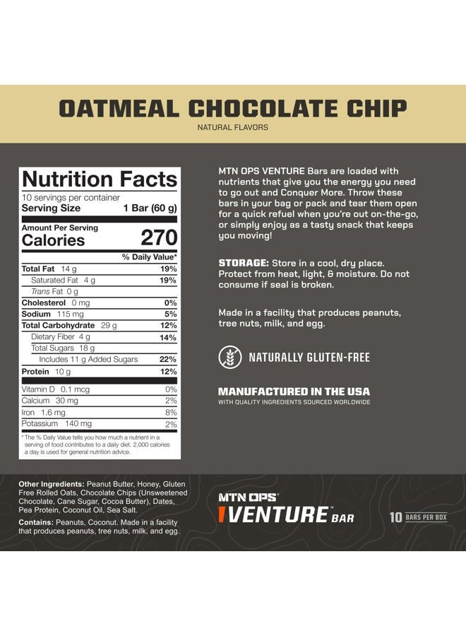 MTN OPS Venture Bar | Oatmeal Chocolate Chip Energy Bar | 10g Protein + Gluten-Free Nutrient Dense Peanut-Based Raw Energy Bar | 10 Bars per Box - Image 2