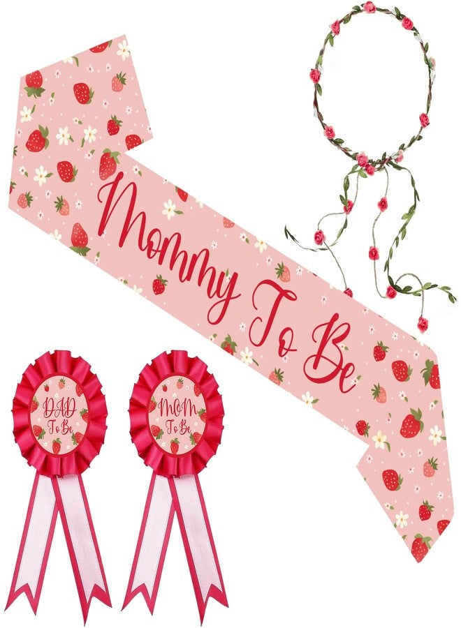 ELEFOCUS Strawberry Mom to Be Sash for Baby Shower Decorations, Dad to Be Corsage and Flower Crown Headband Set, Berry Sweet Baby Shower Sash for Gender Reveal, Party Favors, Pregnancy Props Keepsake - Image 1