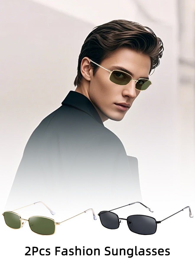 roaiss 2 Pack Vintage Narrow Rectangle Sunglasses UV400 Protection Trendy Eyewear for Men Women Outdoor Party Street Photography Black Grey and Gold Green  - Image 1