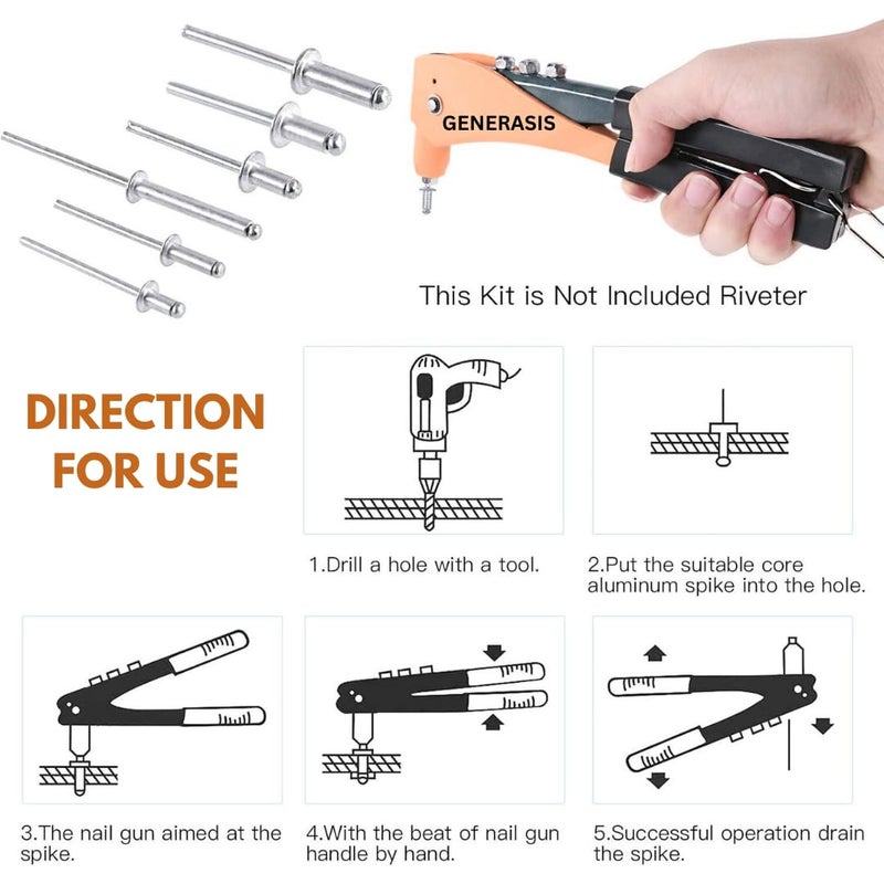 GENERASIS طقم مسامير ألومنيوم عمياء بحجم 7 | مسامير معدنية POP لآلة التثبيت / ماكينة التثبيت، مجموعة متنوعة (200 قطعة مجموعة صغيرة) - Image 2