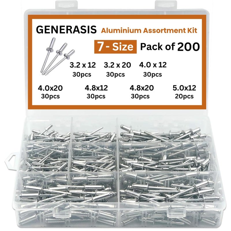 GENERASIS طقم مسامير ألومنيوم عمياء بحجم 7 | مسامير معدنية POP لآلة التثبيت / ماكينة التثبيت، مجموعة متنوعة (200 قطعة مجموعة صغيرة) - Image 1