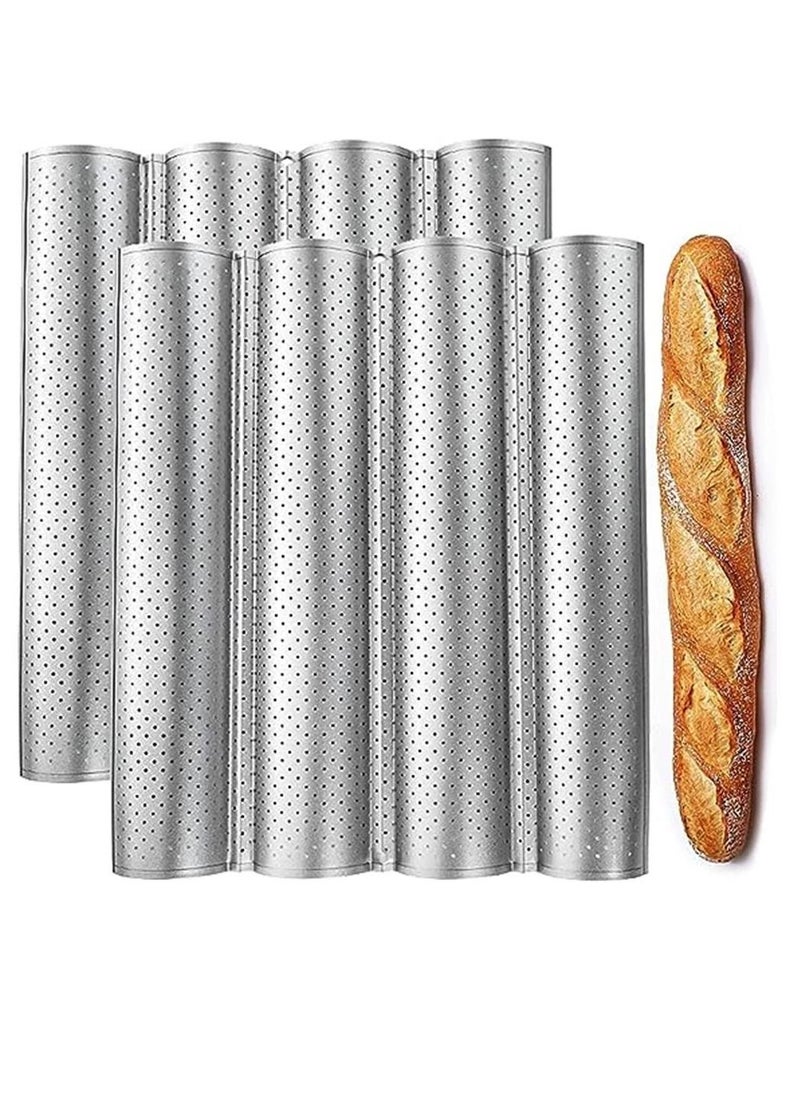 ماركة غير محددة - مقلاة الرغيف الفرنسي ، 15 × 13 بوصة صينية خبز فرنسية مقلاة رغيف مثقبة غير لاصقة 4 أرغفة موجة رغيف خبز قالب نخب طبخ الخبازين صب ، فضي (2 قطعة) - Image 1