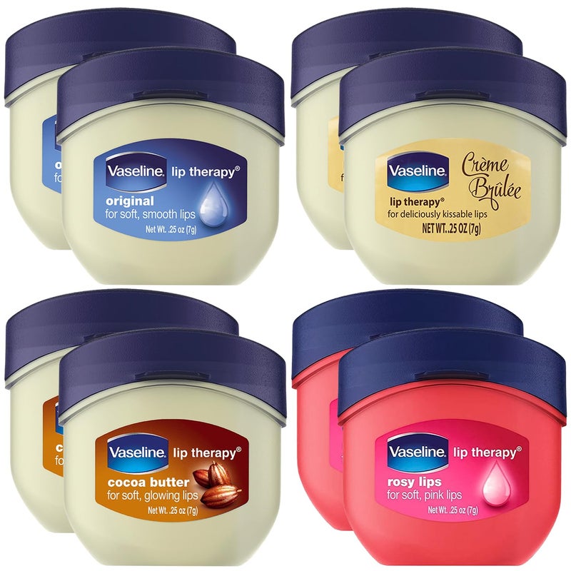 Vaseline بلسم شفاه فازلين، شفاه وردية، زبدة كاكاو، كريمة بروليه، أصلي - مجموعة بلسم شفاه فازلين، لمسة ملونة وشفافة، 2 من كل نوع، 0.25 أونصة لكل منها (مجموعة 8 قطع) - Image 1