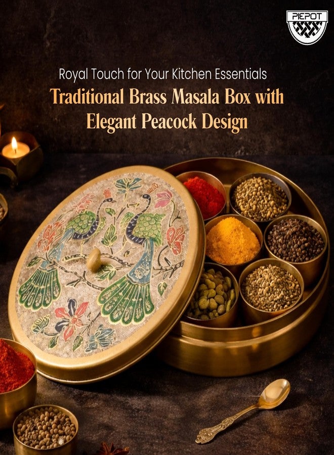 Piepot Masala Container Masala Box Brass | Peacock Design Spices Box for Kitchen | 7 Containers & 1 Spoon | Masala Box for Kitchen | Spice Storage Container | Stylish Masala Dani for Gift (8 Inch) - Image 3