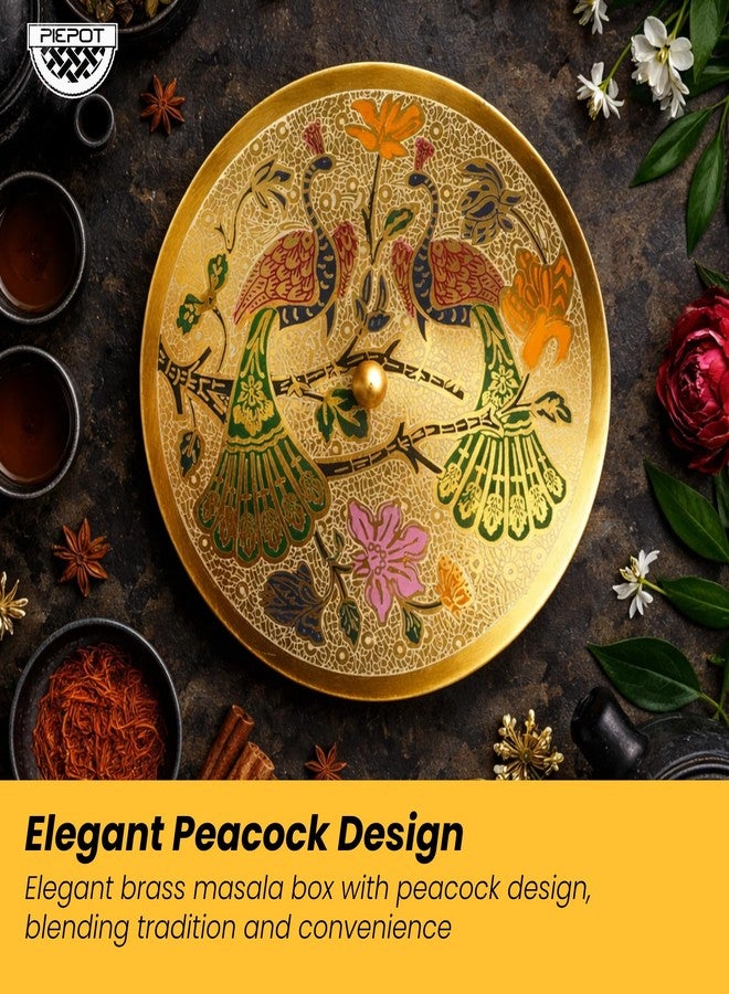 Piepot Masala Container Masala Box Brass | Peacock Design Spices Box for Kitchen | 7 Containers & 1 Spoon | Masala Box for Kitchen | Spice Storage Container | Stylish Masala Dani for Gift (8 Inch) - Image 5