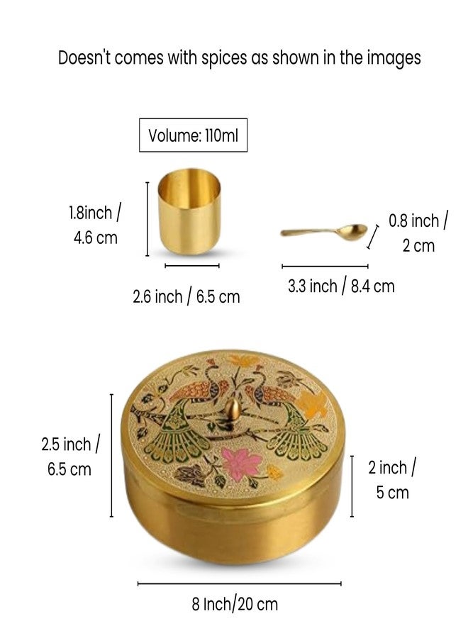 Piepot Masala Container Masala Box Brass | Peacock Design Spices Box for Kitchen | 7 Containers & 1 Spoon | Masala Box for Kitchen | Spice Storage Container | Stylish Masala Dani for Gift (8 Inch) - Image 2