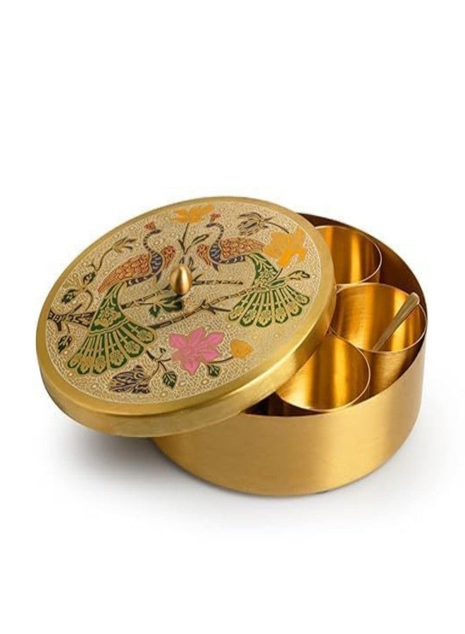 Piepot Masala Container Masala Box Brass | Peacock Design Spices Box for Kitchen | 7 Containers & 1 Spoon | Masala Box for Kitchen | Spice Storage Container | Stylish Masala Dani for Gift (8 Inch) - Image 1