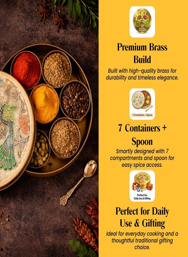 Piepot Masala Container Masala Box Brass | Peacock Design Spices Box for Kitchen | 7 Containers & 1 Spoon | Masala Box for Kitchen | Spice Storage Container | Stylish Masala Dani for Gift (8 Inch) - Image 4
