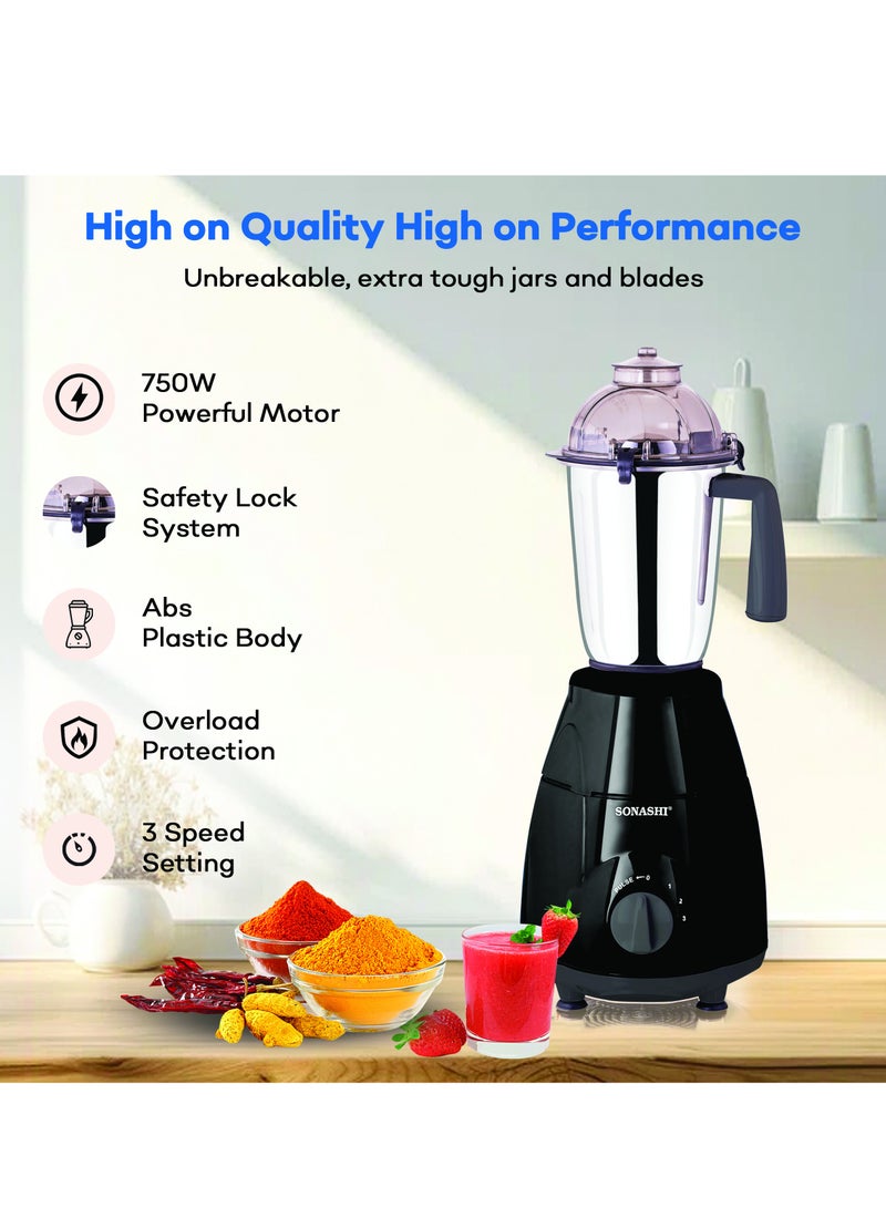SONASHI 3-in-1 Mixer Grinder - Powerful Motor with 3 Speed Setting and Pulse | Sleek and Stainless Steel Jars with Leak Proof Lid | Perfect for making Smoothies, Milkshakes, and Grinding Beans, Coconut, Nuts, Etc 1.5 L 750 W SB-151SS Black - Image 2