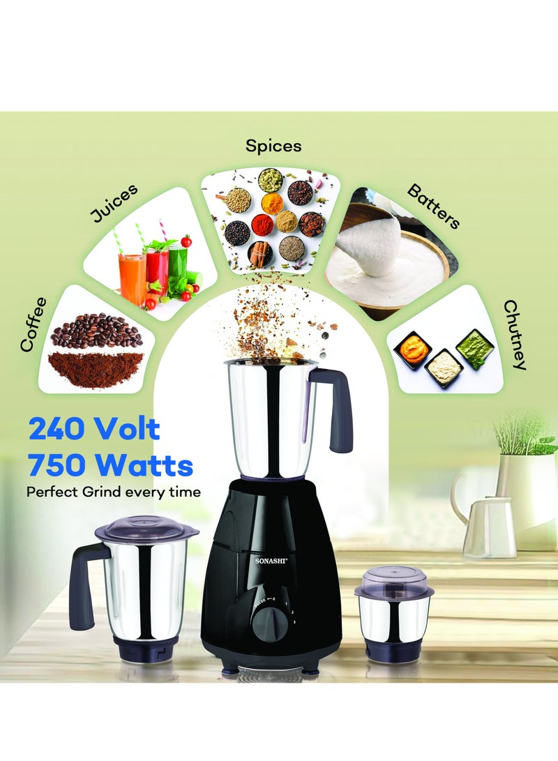 SONASHI 3-in-1 Mixer Grinder - Powerful Motor with 3 Speed Setting and Pulse | Sleek and Stainless Steel Jars with Leak Proof Lid | Perfect for making Smoothies, Milkshakes, and Grinding Beans, Coconut, Nuts, Etc 1.5 L 750 W SB-151SS Black - Image 4