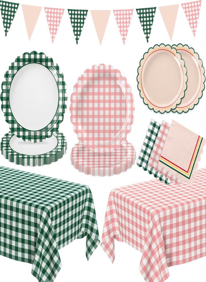 LINHAXM 102 PCS Camp Bachelorette Decorations - Scalloped Gingham Plates, Napkins, Cups, Banner, Gingham Tablecloths for Baby Shower, Wedding, Birthday, Serves 25 - Image 1