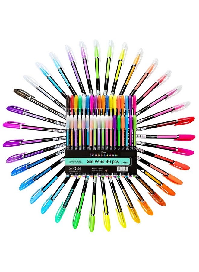 PLUSPOINT 36Pc Colouring gel pens 12 color neon 12 glitter pens 12 metalic pens fine tip art set colored gel pens for coloring book, drawing, doodling, scrapbook journaling, sparkle pen Gifts for kids - Image 1