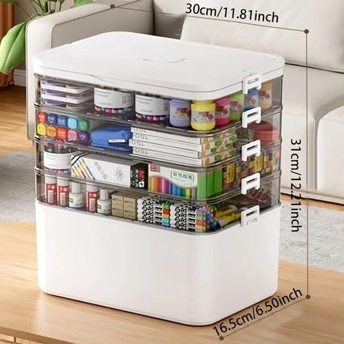 Larocia plastic boxes for Storage transparent, Space Saving Organiser with Lid Portable & Stackable for Jewelry, Beads, Crochet, Sewing, Scrapbooking DIY Craft (White, 4 - Layer) - Image 3