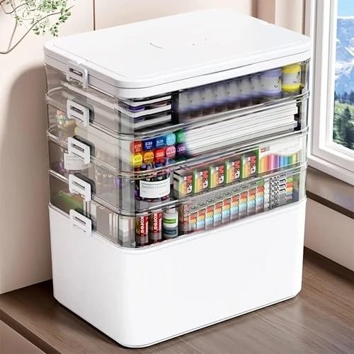 Larocia plastic boxes for Storage transparent, Space Saving Organiser with Lid Portable & Stackable for Jewelry, Beads, Crochet, Sewing, Scrapbooking DIY Craft (White, 4 - Layer) - Image 4