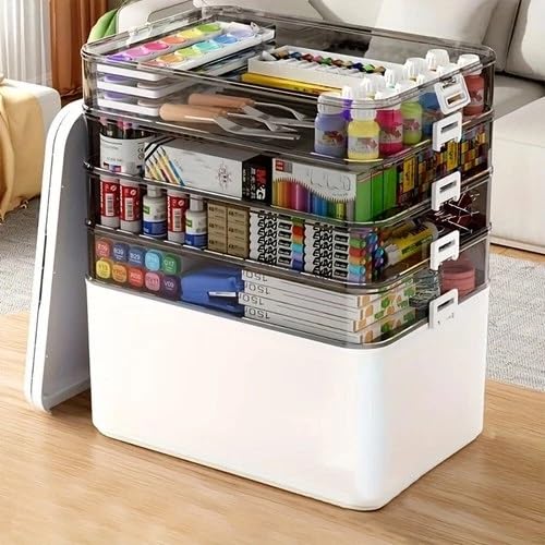 Larocia plastic boxes for Storage transparent, Space Saving Organiser with Lid Portable & Stackable for Jewelry, Beads, Crochet, Sewing, Scrapbooking DIY Craft (White, 4 - Layer) - Image 1