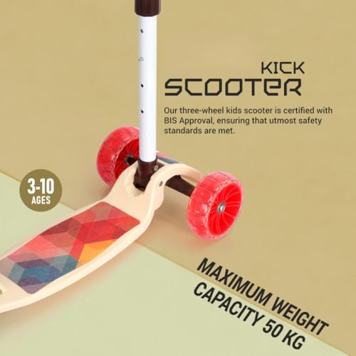 Storio Twister Foldable Kick Scooter for Kids with LED Light Wheels | Skating Cycle Style Scooter with Adjustable Handle & Foldable Design | Lightweight Ride-On Toy for Boys & Girls - Beige - Image 2