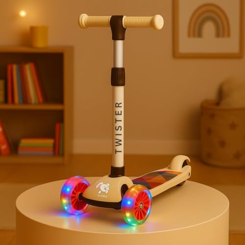 Storio Twister Foldable Kick Scooter for Kids with LED Light Wheels | Skating Cycle Style Scooter with Adjustable Handle & Foldable Design | Lightweight Ride-On Toy for Boys & Girls - Beige - Image 5