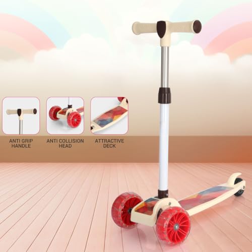 Storio Twister Foldable Kick Scooter for Kids with LED Light Wheels | Skating Cycle Style Scooter with Adjustable Handle & Foldable Design | Lightweight Ride-On Toy for Boys & Girls - Beige - Image 4