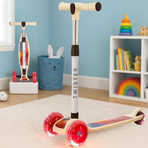 Storio Twister Foldable Kick Scooter for Kids with LED Light Wheels | Skating Cycle Style Scooter with Adjustable Handle & Foldable Design | Lightweight Ride-On Toy for Boys & Girls - Beige - Image 1